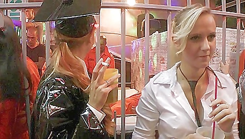 Exotic blonde and brunette in a black suit have sex