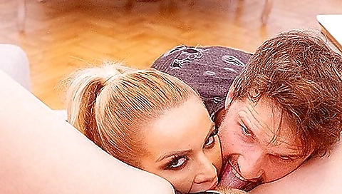 Lucy in a white dress is getting her boyfriend in the doggy pose