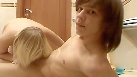 Blonde 18+ teenie with a nice round ass is getting deepthroat