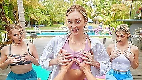 Sexy lesbians in yoga pose and sucking dick in porn video