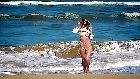 Brunette girl with a nice body walks along the beach