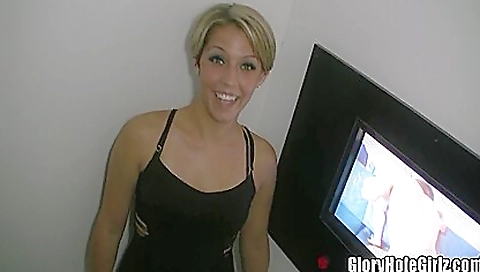 Blonde slut in lingerie enjoys pleasure in glory hole