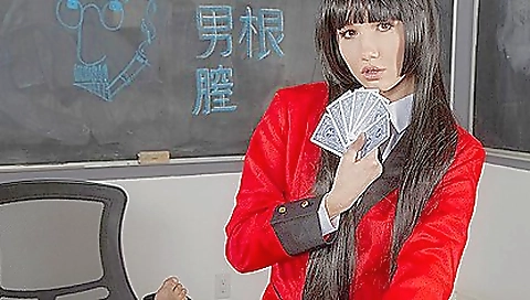 Sexy schoolgirl is dressed in a parody mask and costume