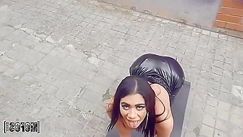 Big tits brunette shows off on beach and gets facialized